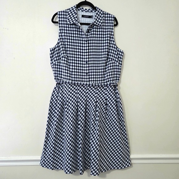 Lauren Ralph Lauren Sleeveless Gingham Dress Sz 18 Retro Pleat Preppy Old Money - Picture 2 of 16